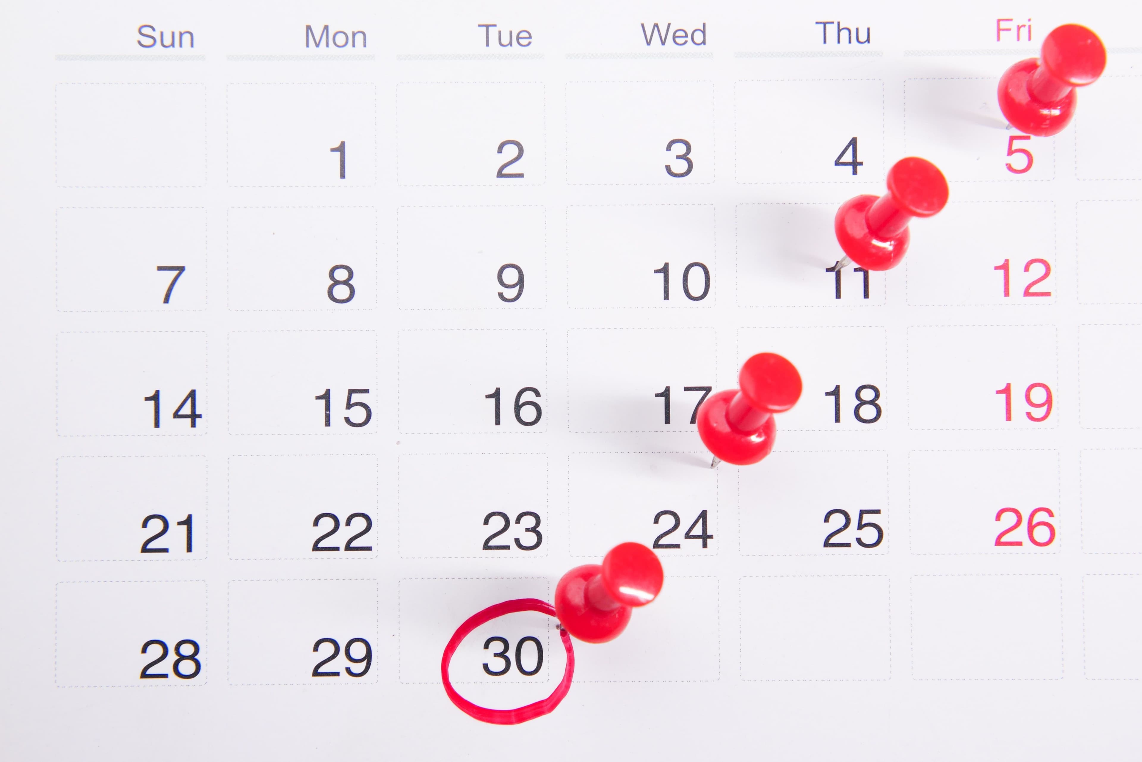 Calendar with red pins and circled date