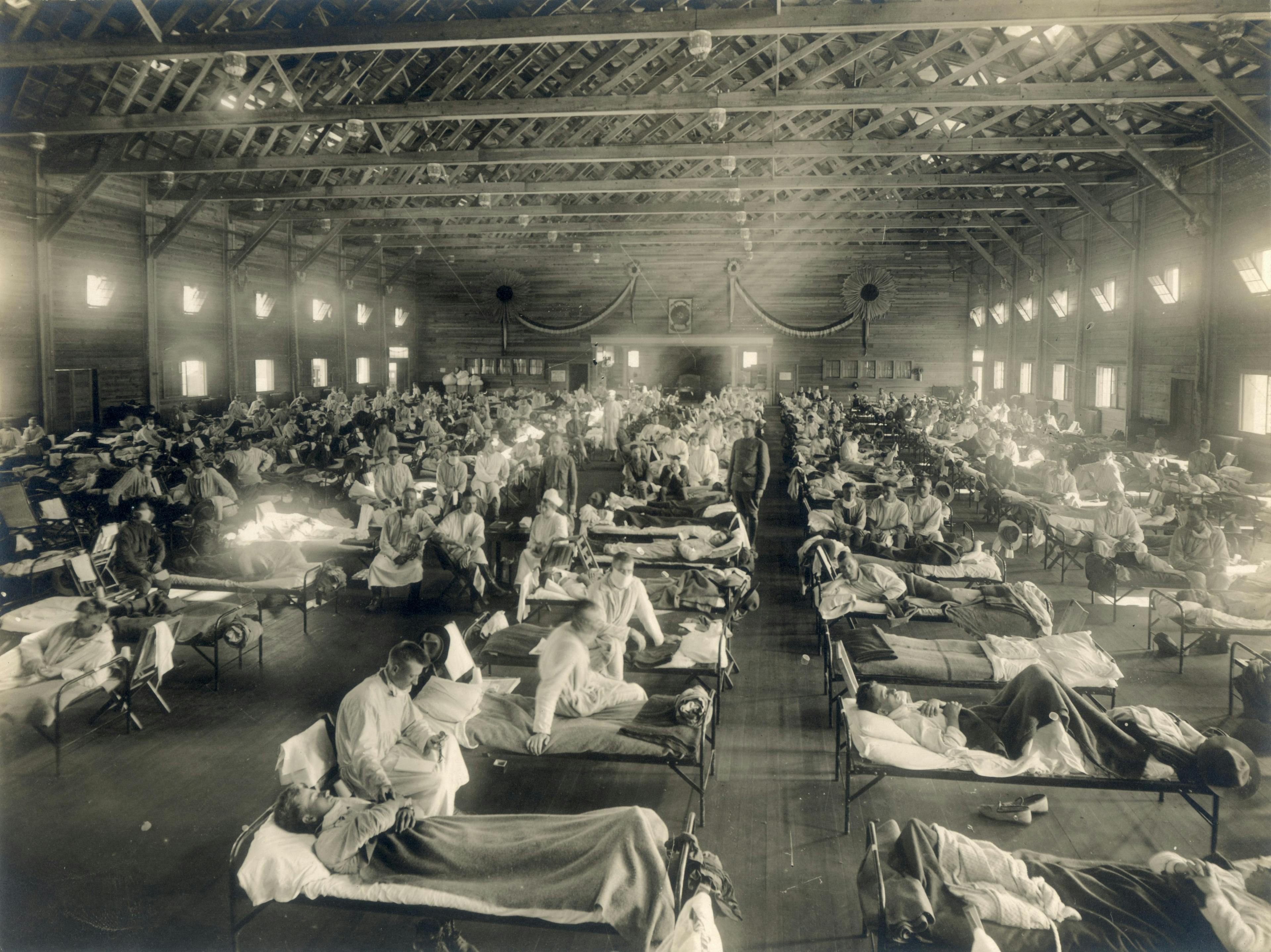 An emergency hospital during the 1918 pandemic, the worst pandemic in recent history.